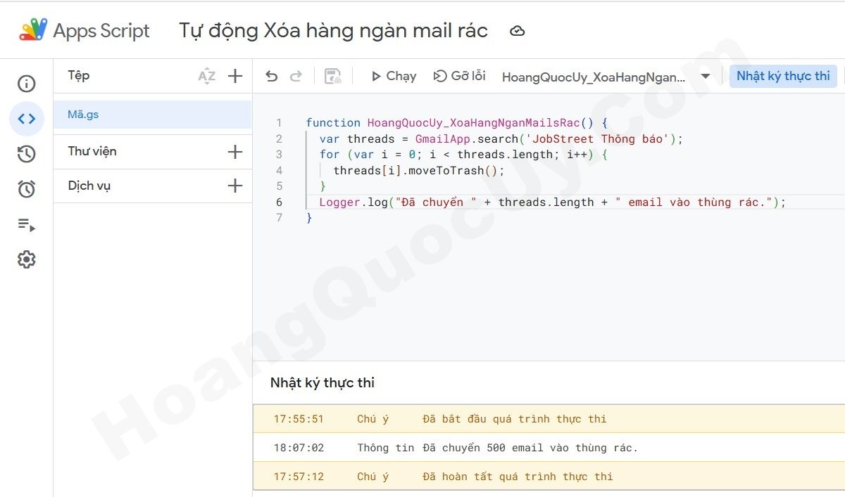 Kết quả xóa Email Rác hàng loạt theo điều kiện đặt lọc Email Rác ở trên