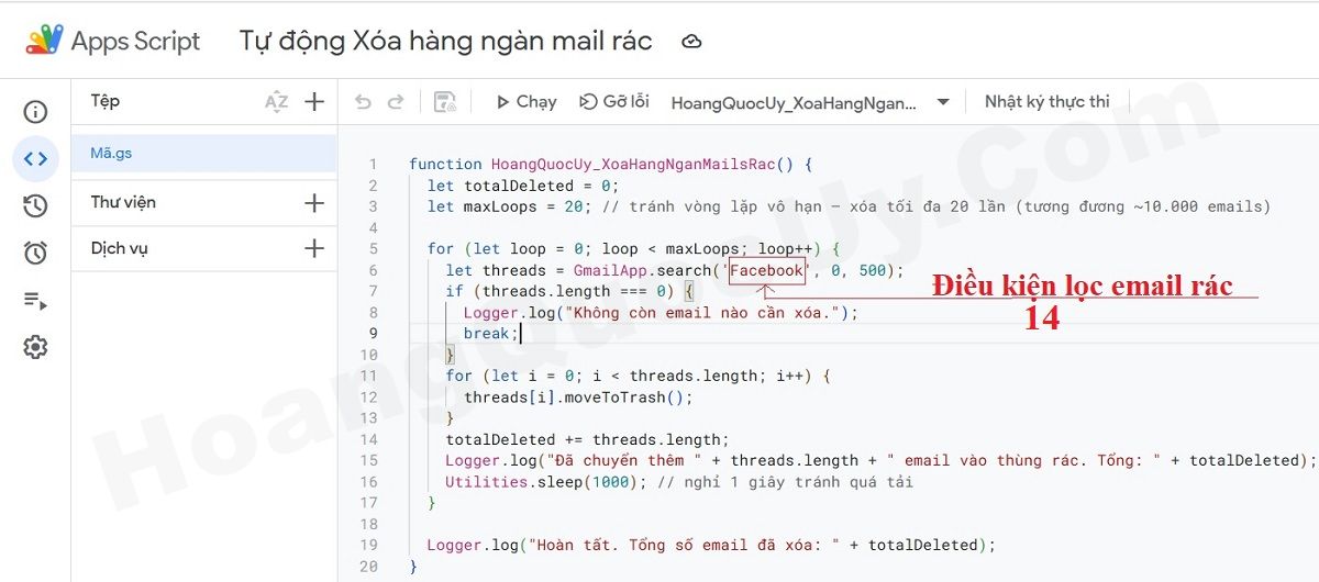 Code Google Apps Script dùng để xóa hàng loạt email rác - Nâng cao