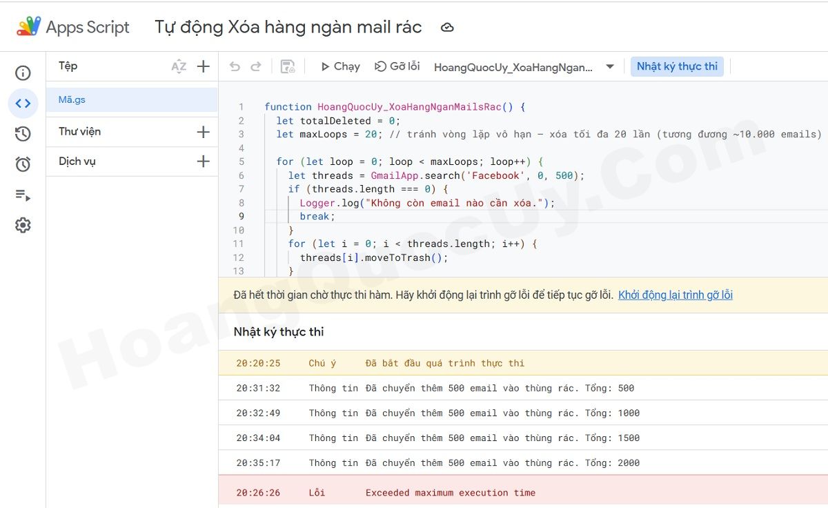Kết quả thực hiện xóa hàng ngàn email rác với đoạn Code nâng cao