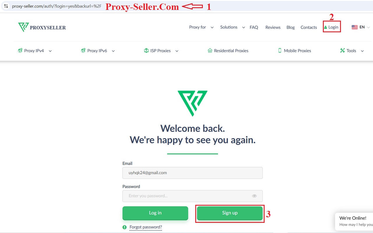 Truy cập vào https://proxy-seller.com/ và mở cửa sổ đăng ký tài khoản